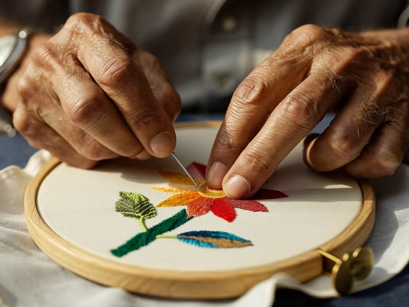 Illustrazione di mani che ricamano un motivo floreale su lino teso in un telaio di legno