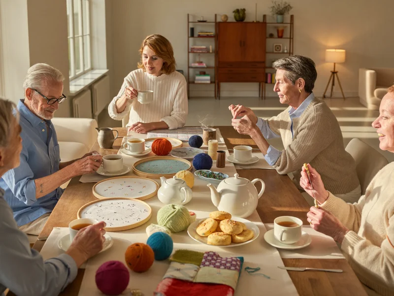 Illustrazione di amici anziani che sorridono con tè e biscotti mentre lavorano ai loro manufatti