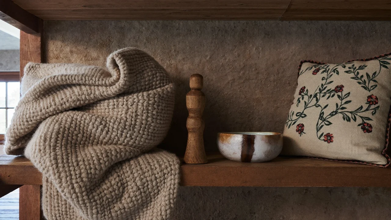 Illustrazione di oggetti fatti a mano su una mensola: coperta, ciotola, cuscino ricamato e figura in legno